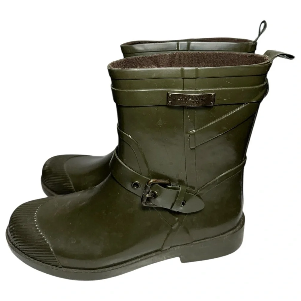 Coach Women’s Size 9 Fatigue Army Green Lester Shiny Rubber Rain Water Boots